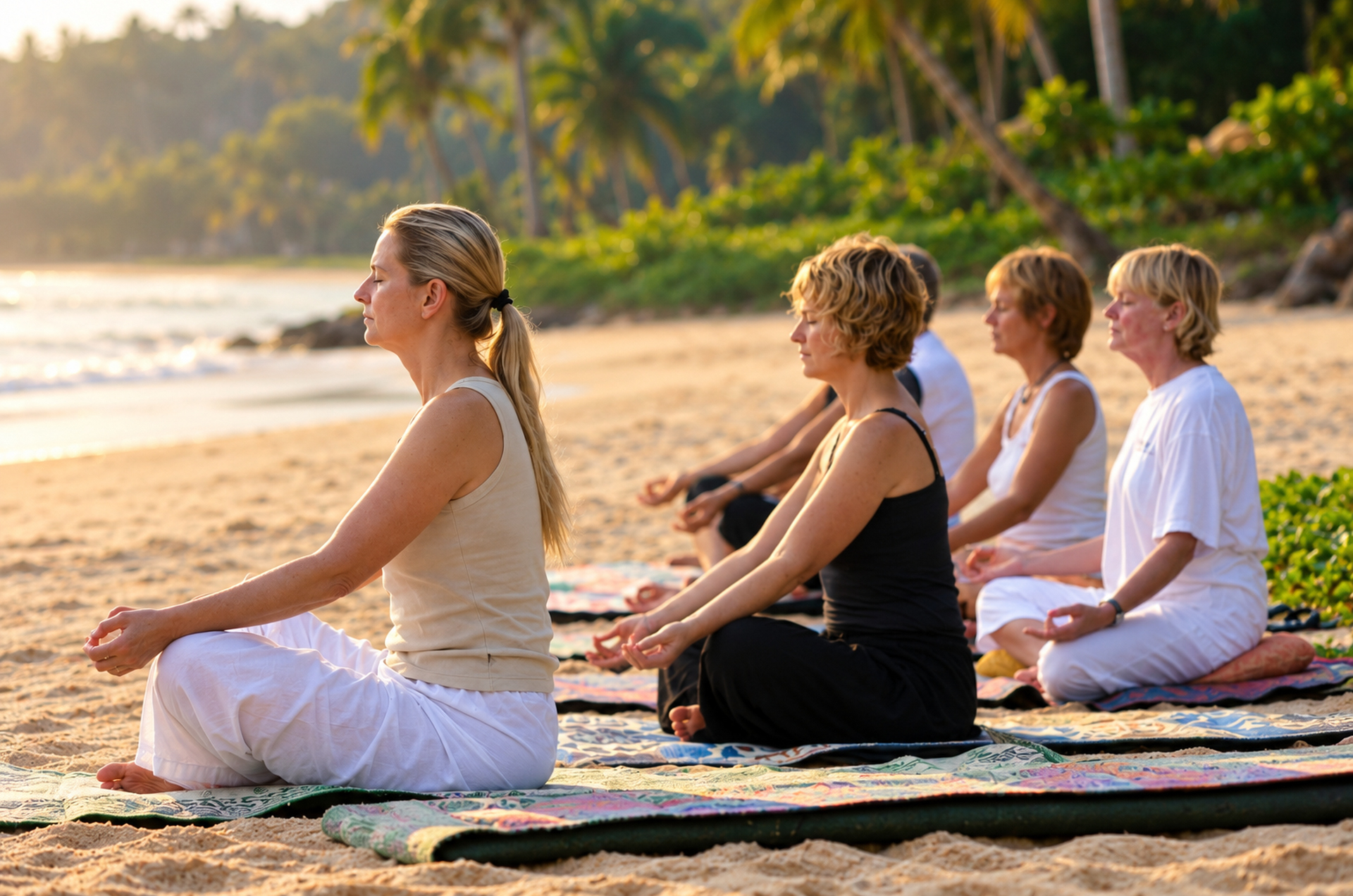 Gäste meditieren am Strand des Lanka Ayurveda Garden auf Sri Lanka.